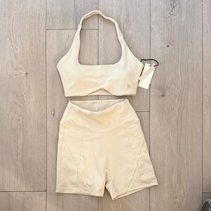 Cream Two-Piece Active Set - Scoop Neck Sports Bra & High-Waist Shorts